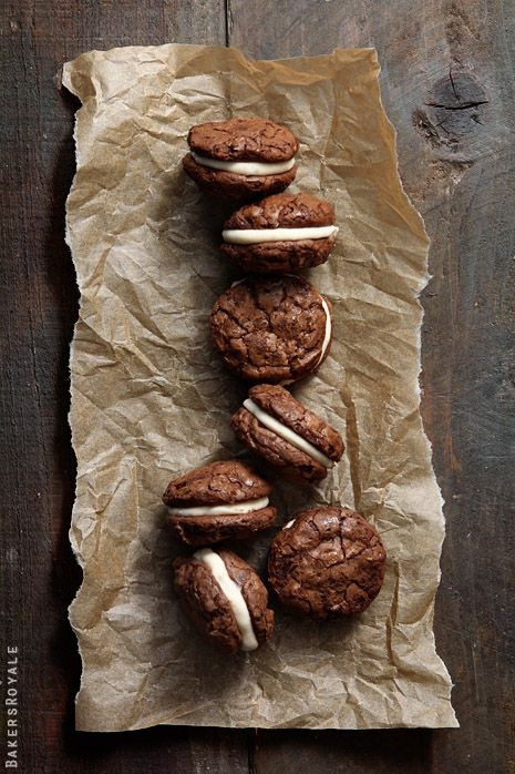 Brownie Sandwich Cookies with Salted Creme Filling-Bakers Royale Brownie Sandwich, Creme Filling, Eat Dessert First, Brownie Cookies, Filling Recipes, Yummy Sweets, Sandwich Cookies, How Sweet Eats, Eat Dessert