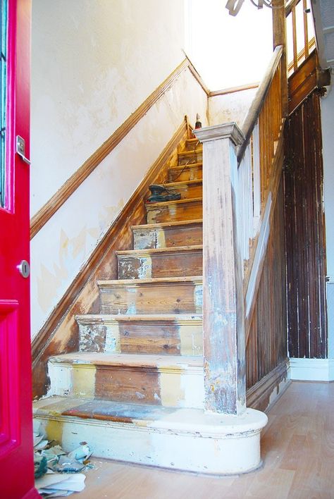 Painted Wooden Stairs, Old Wooden Stairs, Refinish Staircase, Edwardian Staircase, Painting Wooden Stairs, Painted Wood Stairs, Cottage Staircase, Refinish Stairs, Victorian Stairs