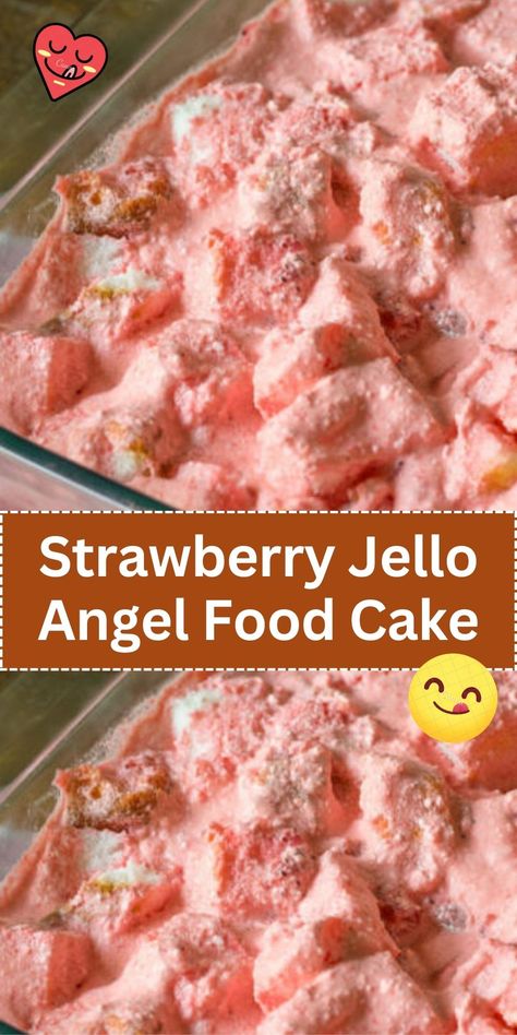 A light and airy angel food cake combined with strawberry jello, creating a moist, fruity dessert, often topped with whipped cream or fresh strawberries. Angel Food Cake Pineapple Cool Whip, Strawberry Desserts With Angel Food Cake And Jello, Angel Food Jello Cake, Angel Food Strawberry Cake, Strawberry Angelfood Cake Dessert, Angel Cake Desserts, Strawberry Jello Angel Food Cake Dessert, Strawberry And Angel Food Cake Dessert, Angel Delight Recipes