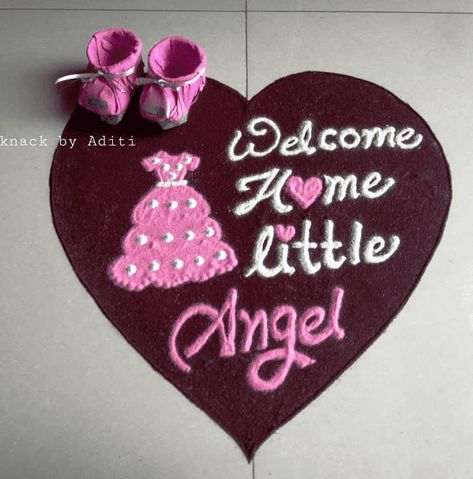 Welcome Baby Girl Rangoli, Welcome Home Rangoli Design, Welcome Baby Rangoli, Baby Welcome Rangoli, Baby Girl Welcome Decoration, Baby Shower Rangoli, Baby Welcome Decoration Home, Welcome Rangoli Design, Welcome Baby Decoration Ideas