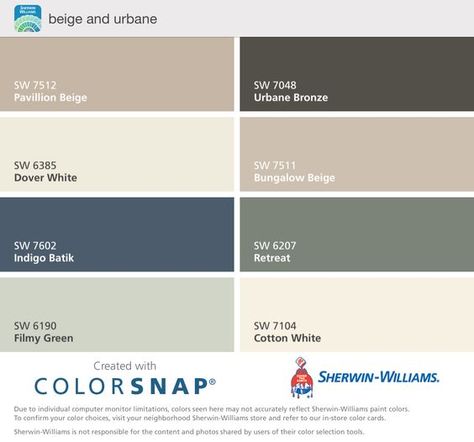 Pavilion Beige, Dover white, indigo batik, urbane bronze, filmy green (horrible name!), bungalow beige, retreat, cotton white: Filmy Green, Beige House Exterior, Urbane Bronze, House Paint Color Combination, Beige Color Palette, Dover White, Beige Paint, Farmhouse Paint Colors, Indigo Batik