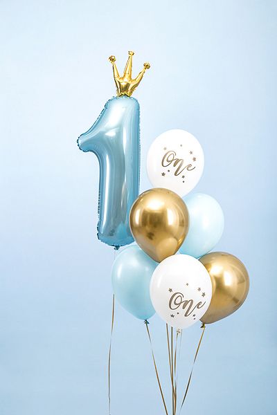 Light Blue And Gold Birthday Decorations, One Balloon 1st Birthdays, Number 1 Balloon, First Birthday Balloons, 1st Birthday Balloons, Ballon Party, Gold First Birthday, Bluey Birthday, One Balloon