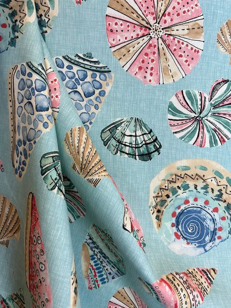 Magnolia Longboat - Etsy Coastal Fabric, Pleated Drapery, Beach Home Decor, Fabric Pillow, Shell Design, Coastal Blue, Pillow Fabric, Blue Beach, Beach Home