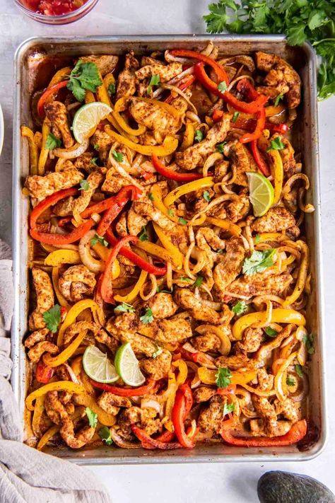 Sheet Pan Chicken Fajitas are an easy, healthy dinner idea that the whole family will love! Seasoned chicken and veggies cook on one pan for a flavorful meal that's quick to prep and so delicious. Easy Sheet Pan Chicken, Sheet Pan Chicken Fajitas, Healthy Mexican Recipes, Homemade Fajita Seasoning, Chicken Fajita Recipe, Pan Chicken Fajitas, Sheet Pan Chicken, Sheet Pan Suppers, Sheet Pan Dinners Recipes