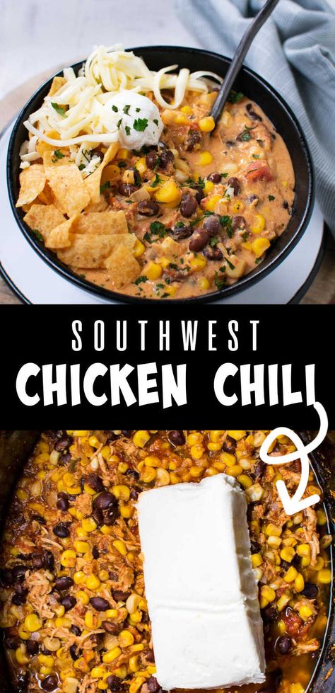 Crockpot Chicken Enchilada Chili, Crockpot Southwest Chicken Soup, Southwest Chicken Chilli, Southwest Soup Crockpot, Taco Ranch Chicken Chili, Mexican Crockpot Chili, Mexican Chicken Chili Crockpot, Southwest Chili Recipe Crockpot, Cowboy Chicken Chili