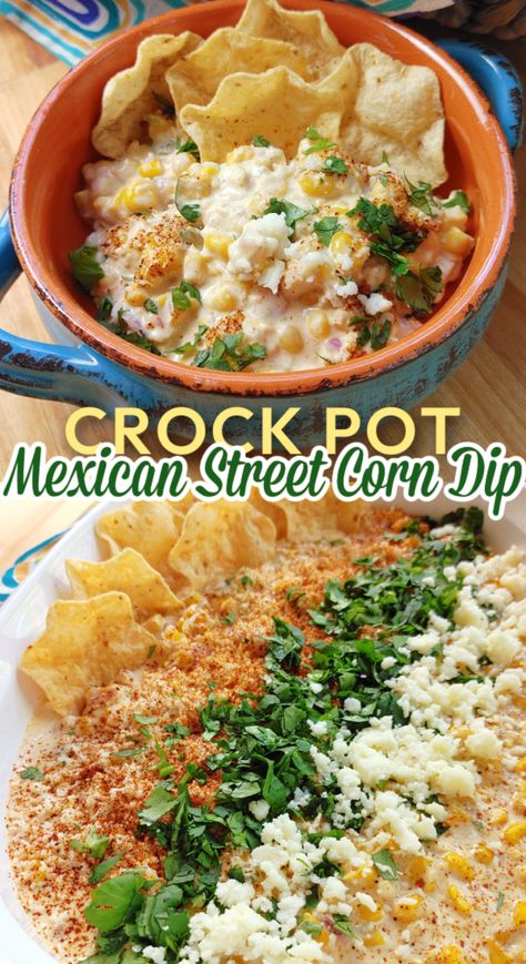 A creamy, cheesy slow cooker party dip recipe with all the flavors of hot Mexican Street Corn Street Corn Dip Recipe Crock Pot, Thanksgiving Potluck Ideas Crock Pots, Mexican Street Corn Dip Crock Pot Easy, Elote Dip Crockpot, Crock Pot Street Corn Dip, Easy Crock Pot Appetizers For A Party, Crockpot Mexican Street Corn Dip, Slow Cooker Taco Dip, Crockpot Pot Luck Ideas