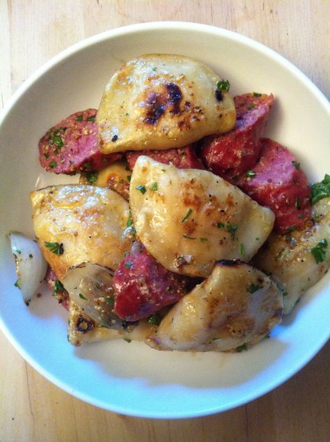 Mennonite Sausage Recipes, Grilled Perogies, Farmers Sausage Meals, Recipes With Farmer Sausage, Farmers Sausage Recipes, Farmer Sausage Recipes, Perogies And Sausage, Cabin Treats, Farm Meals