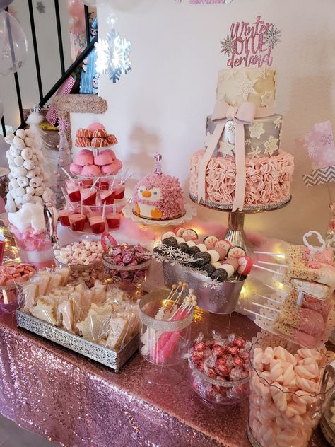 Winter ONEderland dessert table Winter Onederland Candy Table, Winter Onederland Party Table Decor, Candy Onederland 1st Birthdays, Winter Onederland Sweet Table, Winter Onederland Snacks Food Ideas, Winter Onederland Party Desserts, Winter Onederland Cake Table, Winter Onederland Treat Table, 1 Year Birthday Winter Theme