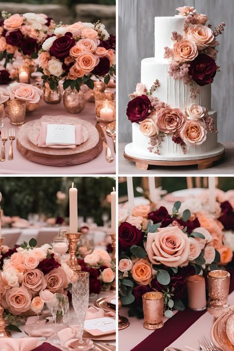 Rose Gold and Burgundy Wedding: Beautiful Rose Gold, Burgundy, Peach, and Pink Ideas - Francisca's Bridal Valentines Theme Wedding, Rose Gold And Burgundy Wedding, Fuchsia Wedding Colors, Rose Gold And Burgundy, Pink And Burgundy Wedding, Gold And Burgundy Wedding, Peach Wedding Colors, Burgundy Wedding Theme, Burgundy Wedding Colors