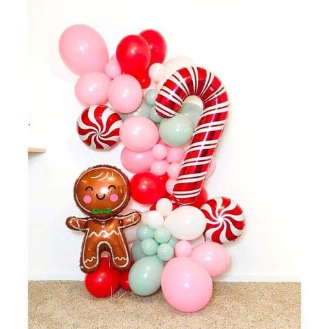 Balloon Garland Christmas, Kid Christmas Party, Gingerbread Birthday Party, Winter Baby Shower Ideas, Christmas Balloon Garland, Candy Cane Gingerbread, Gingerbread Baby, Gingerbread House Parties, Christmas Balloon Decorations