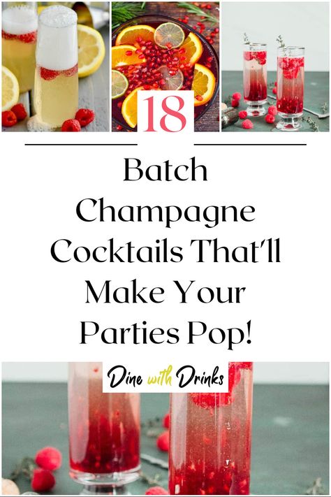 Collage of 4 batch champagne cocktails. Frozen Champagne Drinks, Champagne Christmas Punch Recipes, Champagne With Fruit, Champagne Party Drinks, Bubbly Drinks Recipes, Cocktail Recipes With Champagne, Big Batch Cocktails Nye, Signature Champagne Cocktail, Cherry Champagne Cocktail