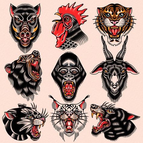 Manly American Traditional Tattoos, Flash Animal Tattoo, Lynx Tattoo Traditional, Old American Traditional Tattoo, Traditional Buck Tattoo, American Traditional Aquarius Tattoo, Traditional Bobcat Tattoo, Traditional Ape Tattoo, American Traditional Animal Head Tattoo