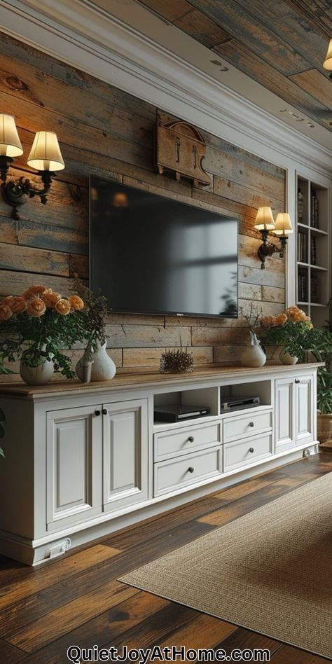 Tv Unit Country Style, Tv Wall Design Rustic Modern, Stylish Tv Unit Living Rooms, Sala Tv Farmhouse, Cottage Style Tv Wall, Tv Areas Living Room, Living Room Tv Wall Farmhouse, Tv Unit Design With Storage, Aesthetic Tv Unit