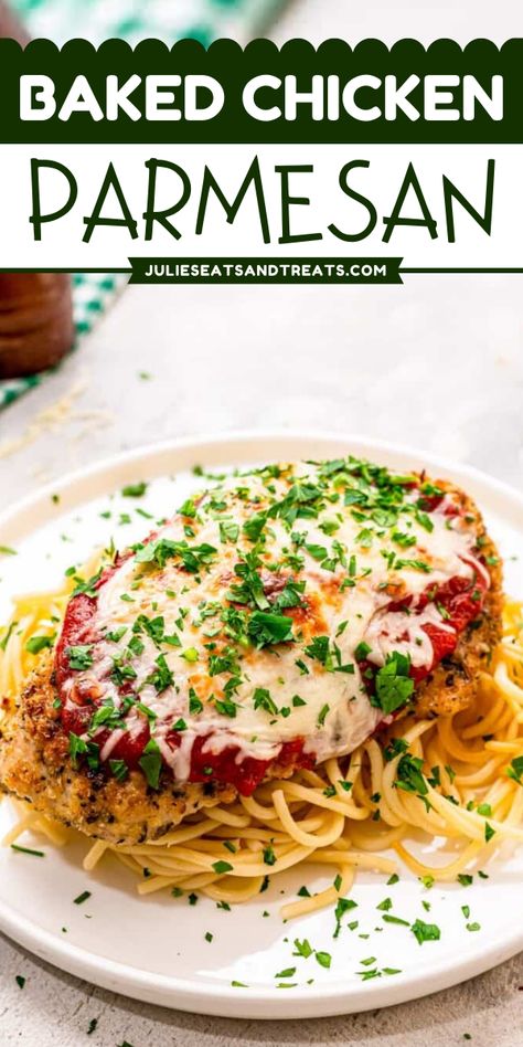 Here's a quick and easy meal for tonight! This Baked Chicken Parmesan recipe features juicy chicken breasts breaded in a crispy panko coating topped with marinara sauce and melted Mozzarella cheese. Serve this tender chicken for a busy weeknight dinner paired with a side of steamed vegetables! Chicken Parmesan Recipe Panko, Breaded Parmesan Chicken Oven Baked, Easy Oven Baked Chicken Parmesan, Crispy Baked Chicken Breast Recipes, Oven Baked Chicken Parmesan Recipe Easy, Make Ahead Chicken Parmesan, Hellmans Parmesan Chicken, Panko Chicken Parmesan, Chicken Parmesan Recipe Easy Baked