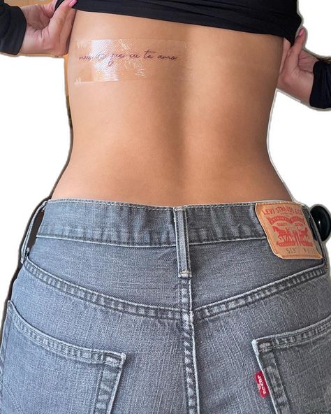 Cool Hip Tattoos For Women, Back Tattoo Women Horizontal, Back Tattoo Women Writing, Lower Right Back Tattoos, Cute Thigh Tattoos, Small Girly Tattoos, Hip Tattoos Women, Writing Tattoos, Petite Tattoos