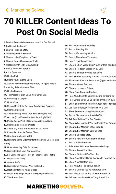 If you're looking for social media post ideas, you're in luck! Here are 70 killer content ideas to post on social media that will boost your engagement, grow your following, and drive sales.   Perfect for entrepreneurs, small business owners, and marketers searching for content ideas, social media inspiration, social media post ideas, caption ideas, and social media marketing tips. 🚀  #socialmedia #contentideas #socialmediaposts #postideas #socialmediamarketing #marketingsolved Social Media Ideas For Small Business, Comment Below Posts, Marketing Ideas For Social Media, Content Ideas For Entrepreneurs, Marketing Ideas For Instagram, Content Ideas For Social Media Managers, Social Media Content For Small Business, Social Media Marketing Captions, Small Business Social Media Marketing