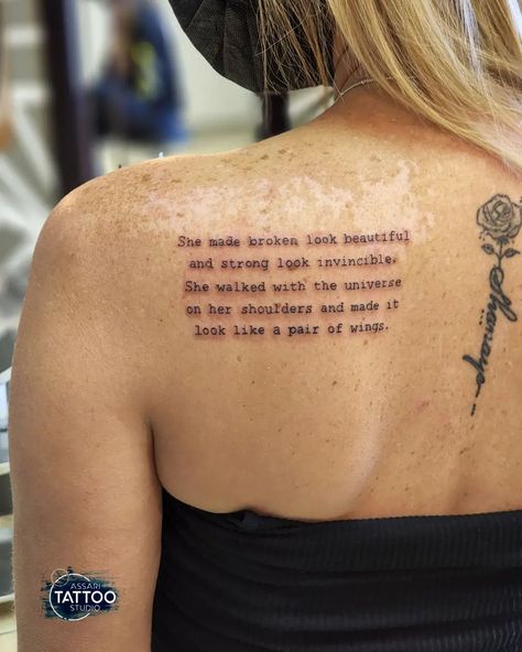 Long Tattoo Quotes For Women, Outer Shoulder Tattoo For Women, Shoulder Blades Tattoos For Women, Quote Tattoos On Back For Women, Beautiful Quotes Tattoo For Women, Plus Size Shoulder Tattoo, Poems For Tattoos, Small Paragraph Tattoos For Women, Paragraphs Tattoo