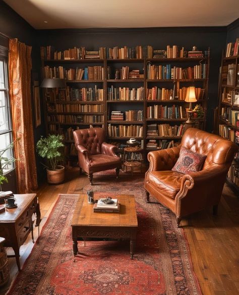 Home Study Decor, Dark Acedemia Furniture, Cottage House Interior Living Room, Study Room Dark Academia, Cottage Core X Dark Academia, Cozy House Library, Living Room Academia, Home Library Dark Academia, Dark Cozy Interior Design