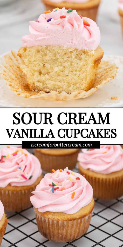 These vanilla sour cream cupcakes have a soft, buttery texture and rich vanilla flavor, a made from scratch recipe for the best homemade cupcakes. Sour Cream Vanilla Cupcakes, Sour Cream Cupcakes Recipe, No Butter Cupcakes, Sour Cream Baking Recipes, Best Moist Cupcake Recipe, Birthday Cake Cupcakes Recipe, Moist Cupcakes From Scratch, Sour Cream Recipes Baking, Vanilla Cupcakes No Butter