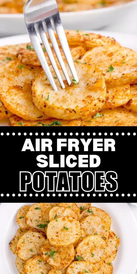 Collage of closeup shot of air fryer sliced potatoes at top and overhead shot of plateful of sliced air fryer potatoes at bottom. Airfryer Potatoes French Fries, Air Fry Golden Potatoes, Fry Potatoes In Air Fryer, Real Potato Fries In Air Fryer, Air Fry Potato Slices, Air Fry Sliced Potatoes, Roasted Russet Potatoes In Air Fryer, Air Fried Sliced Potatoes, Quick Air Fryer Potatoes