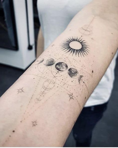 Cosmic Tattoo Ideas, Moon Phases Tattoo, Planet Tattoos, Muster Tattoos, Discreet Tattoos, Sleeve Tattoos For Women, Elegant Tattoos, Half Sleeve Tattoo, Dope Tattoos