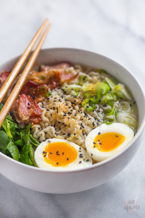 Bacon Ramen Bacon Ramen, Homemade Ramen Noodles, 40 Aprons, Ramen Broth, Homemade Ramen, Ramen Noodle Soup, Ramen Noodle Recipes, Instant Ramen, Ramen Recipes