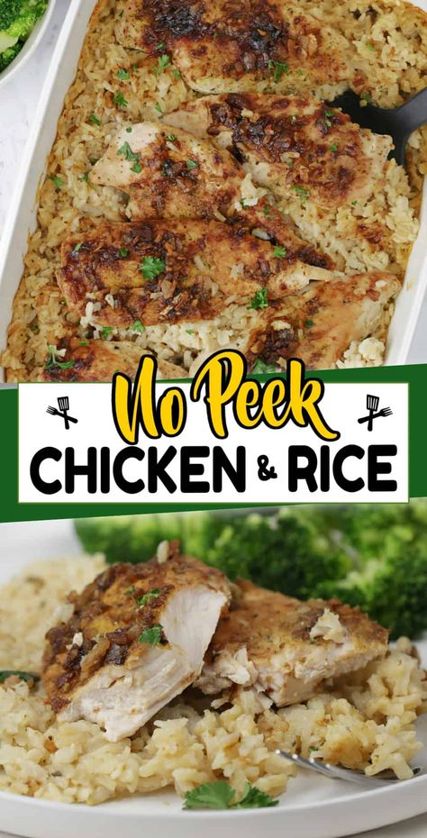 Looking for an easy yet satisfying dinner? Our No-Peek Chicken and Rice recipe is a must-try - just combine the ingredients, pop it in the oven, and let it do its magic! No fuss, all flavor - this comforting meal has tender chicken, creamy fluffy rice and flavorful seasonings. One Pan Chicken Rice Dinner, Baked Chicken Tender Casserole Recipes, Chicken Rice Oven Recipes, No Peeking Chicken And Rice, Chicken And Rice Baked In Oven Easy, Oven Baked Chicken Breast And Rice, Chicken Breast And Rice Recipes Oven, Chicken Tenders And Rice Recipes, One Pan No Peek Chicken And Rice