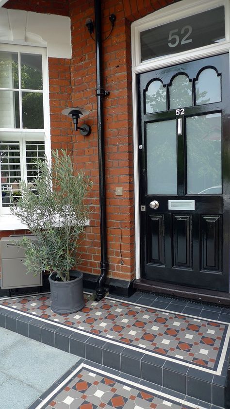 victorian mosaic porch step london Victorian Front Porch, Victorian Mosaic Tile, Victorian Front Door, Victorian Front Doors, Cottage Front Doors, Front Door Steps, York Stone, Best Front Doors, Welcome Signs Front Door