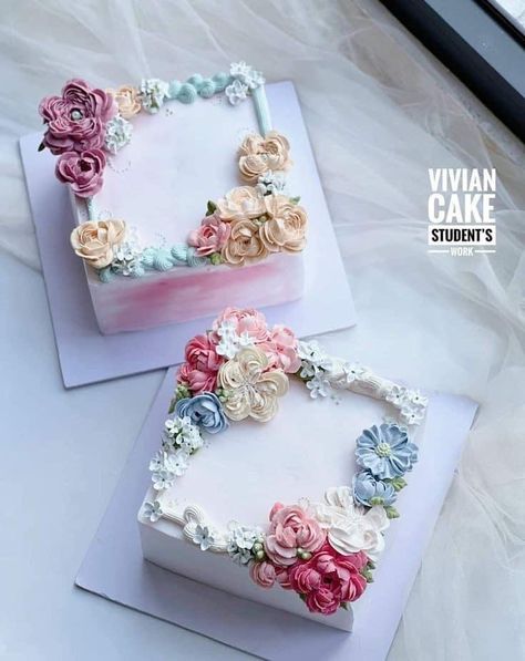 Square Cakes With Flowers, Simple Cake Designs Square, Square Floral Cake, Cake Squares Decoration, Birthday Cake Flowers Elegant, Square Cake Designs Simple, Square Cake Design Birthdays, Square Cake Decorating Ideas, Elegant Sheet Cake Designs