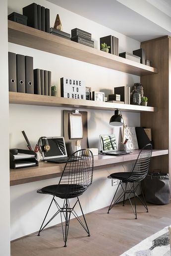 floating shelves in a niche and a floating desk top with the same look Study Nook, Small Home Office, Study Rooms, Office Workspace, Home Office Space, Office Room, Style At Home, Office Inspiration, Home Office Design