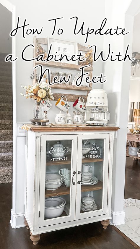 How To Update a Cabinet With New Feet! Add Legs To China Cabinet, Pie Safe Cabinet Makeover, Pie Safe Cabinet, Update Furniture, Unfinished Furniture, Painted Vinyl, Pie Safe, Cabinet Makeover, White Floors