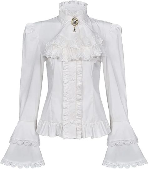 Victorian Blouse Womens Gothic Pirate Shirt Vintage Long Sleeve Lotus Ruffle Tops (L, 010 White) at Amazon Women’s Clothing store Long Sleeve Half Shirts, Flouncy Sleeves Blouses, Cheap Semi-formal Shirt For Fall, White Cowgirl Shirt Long Sleeve, Luxury Elegant Semi-formal Dress Shirt, Gothic Pirate, Victorian Shirt, Ruffle Tops, Pirate Shirt