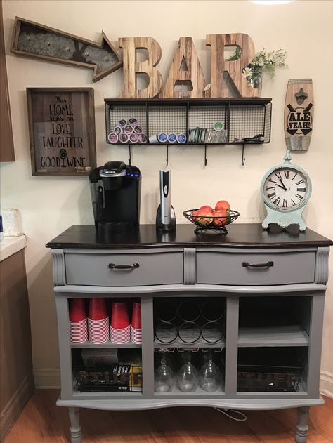 Kitchen buffet #bar #coffeebar #diy #winebar #upcycle Buffet Bar, Diy Coffee Bar, Kitchen Buffet, Coffee Nook, Home Coffee Bar, Coffee Bar Home, Casa Vintage, Diy Bar, Beautiful Kitchen