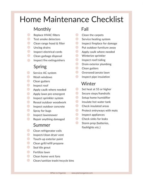 Organisation, Household Maintenance Checklist, May Home Maintenance Checklist, New Home Maintenance Checklist, Fixer Upper Checklist, House Maintenance Binder, Home Maintenance Checklist Printables, Dream Home Checklist, New Homeowner Checklist