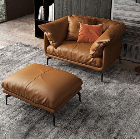 17 Stories Italian Minimalist Cowhide Genuine Leather Orange Down Cushion Living Room Single Sofa With Ottoman | Wayfair Ultra Modern Living Room, Cushion Living Room, Wayfair Living Room, Livingroom Sofa, Clean Space, Cozy Seating, Premium Sofa, Leather Couch, Living Room Green