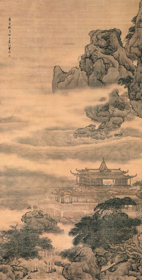 Chinese Landscape Painting "Guantao Tu" by Yuan Jiang (About 1671 — 1746), now is preserved in Shanghai Museum. Chinese Paintings Landscape, Old Chinese Painting, Traditional Japanese Art Landscapes, Traditional Chinese Art Wallpaper, Asian Traditional Art, Chinese Traditional Aesthetic, Chinese Historical Art, Chinese Painting Wallpaper, Chinese Ancient Art