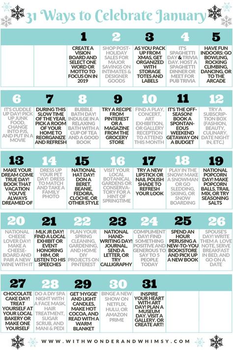 31 Ways to Celebrate January: a bucket list of small, simple ways to survive the cold, create your own fun indoors, and nourish your body and soul in 2019. #celebratejanuary #januarybucketlist #januarylist #funthingstodoinjanuary #winterbucketlist January Bucket List Ideas, January To Do List, February Bucket List, January List, January Bucket List, Celebrate January, National Holiday Calendar, Daglig Motivation, January Ideas