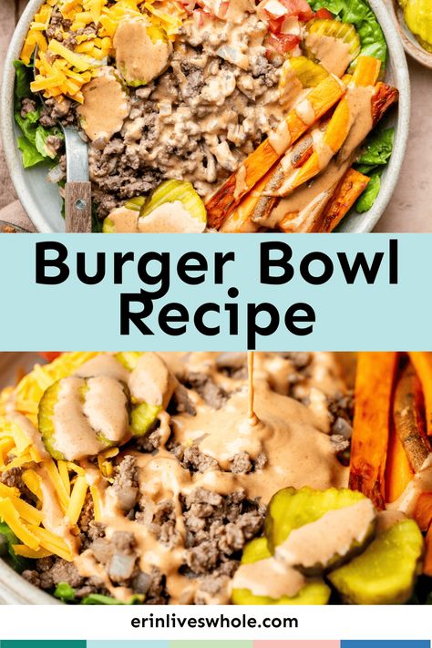 Craving a burger but forgot to grab a pack of burger buns at the store? That's okay - make your own burger bowl instead! Made with juicy ground beef, crispy lettuce, juicy tomatoes, and homemade special sauce, this burger bowl recipe is a delicious and healthier alternative to a traditional burger. Healthy Burger Meals, Burger Bowls With Sweet Potato, Cheeseburger Bowl Recipe, Burger Bowl Sauce Recipe, Ground Beef Burger Bowls, Meals With Burger, Good Burger Recipes, Mediterranean Burger Bowl, Burger Bowl Sauce