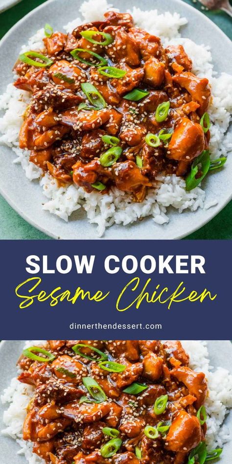 Slow Cooker Sesame Chicken is an easy recipe for Asian takeout. Chicken in a sweet and savory sauce with honey, sesame oil, and soy sauce. Slow Cooker Sesame Chicken is so easy to make with sauce ingredients you definitely have on hand. Sesame Chicken Recipe Slow Cooker, Sticky Honey Chicken Slow Cooker, Chinese Chicken In Crockpot, Slow Cooker Honey Sesame Chicken, Crockpot Sesame Chicken Easy, Crockpot Honey Sesame Chicken, Honey Sesame Chicken Crock Pot, Crockpot Sticky Chicken, Sesame Chicken Recipe Crockpot