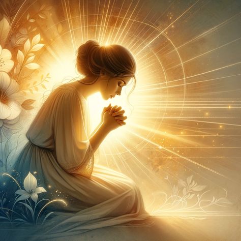 A serene and spiritual scene depicting a woman kneeling in prayer, her face filled with hope and love. She is surrounded by a warm, glowing light that symbolizes divine presence. In the background, subtle, abstract representations of positive changes, like blooming flowers or a sunrise, signify the transformation she is praying for in her husband. The image is designed to inspire bible readers, capturing the essence of faith, patience, and trust in God's plan. Praying Woman Pictures, Praying Pics, Pray Images, Woman Praying Images, Praying Images, Prayer Background, Holy Spirit Images, Spiritual Pics, Women Praying