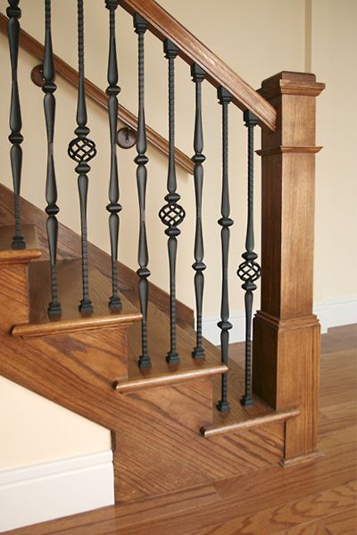 simple box newel Stairs Railing Ideas, Stair Railing Makeover, Iron Stairs, Iron Spindles, Stairs Railing, Interior Stair Railing, Wrought Iron Stair Railing, Rustic Stairs, Interior Railings