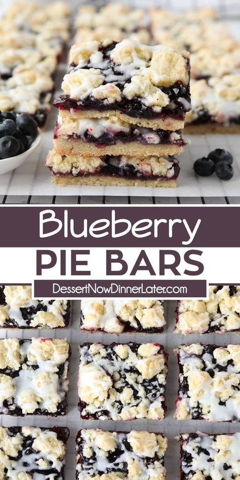 Blueberry Pie Bars have a sweet, buttery (sugar cookie-like) shortbread crust and crumb topping. There’s blueberry pie filling in the middle, and a sweet glaze drizzled on top. These dessert bars are easier to make than pie and feed a crowd. Blueberry Pie Filling Recipes, Pie Filling Desserts, Blueberry Crumb Bars, Blueberry Pie Bars, Blueberry Desserts Recipes, Blueberry Crumble Bars, Buttery Sugar Cookies, Pie Bar Recipes, Sweet Glaze