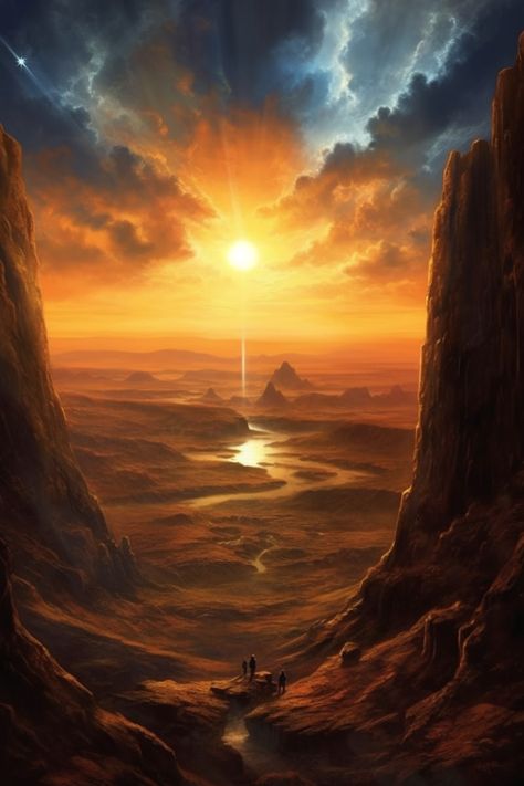 Desert Tomb Fantasy Art, Fantasy Desert Landscape Art, Fantasy Desert Marketplace, Sun City Fantasy Art, Sunrise Fantasy Art, Fire Landscape Fantasy Art, Fantasy Oasis Art, Desert Mountain Art, Desert Fantasy Art Scenery