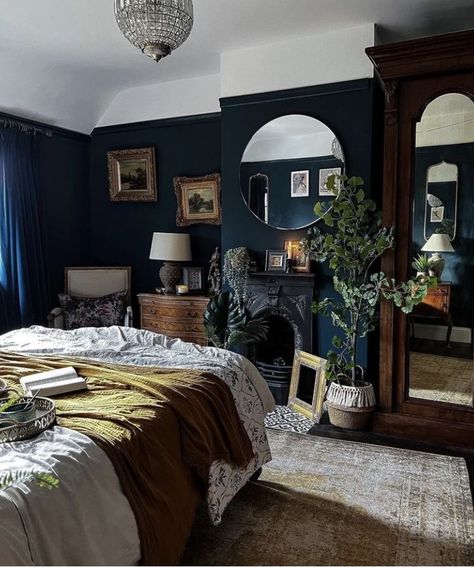 Dark Eclectic Bedroom, Moody Eclectic Decor, Feminine Bedroom Ideas, Dark Eclectic, Moody Eclectic, Dark Feminine Bedroom, Eclectic Decor Bedroom, Most Pinned, Dark Blue Bedrooms