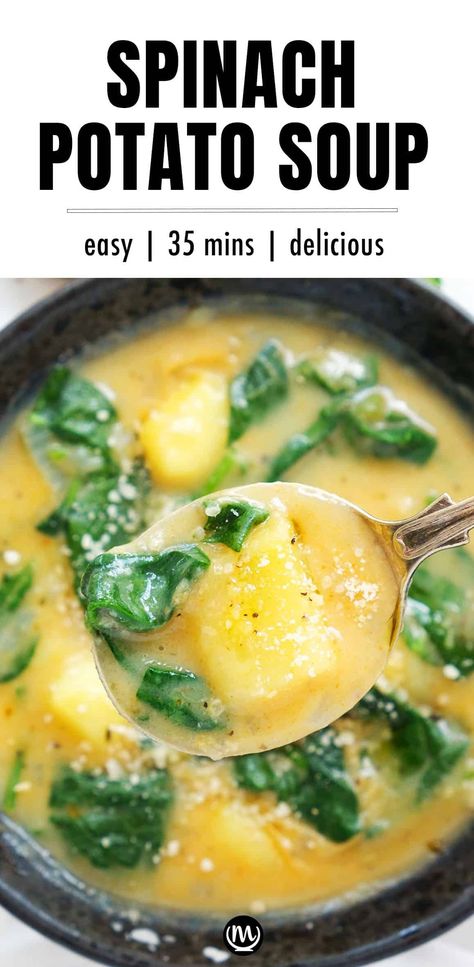 This spinach potato soup uses minimal ingredients, but the flavor and texture are incredible, creamy without weighing you down, and absolutely delicious. #souprecipes #potatorecipes #spinachrecipes #cheapmeals #cheapdinnersforafamily Spinach Potato Soup, Potato Spinach Soup, Potato Delight, Spinach And Potato Recipes, Spinach Potato, Spinach Soup Recipe, Potato Soup Easy, Spinach Soup, Cheap Dinner Recipes