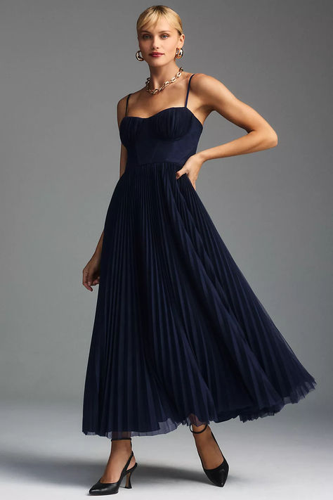 Amara Dress, Engagement Party Dresses, Charmeuse Dress, Pleated Tulle, Flare Midi Dress, Tulle Midi Dress, Dress Picture, Blue Midi Dress, Anthropologie Dress