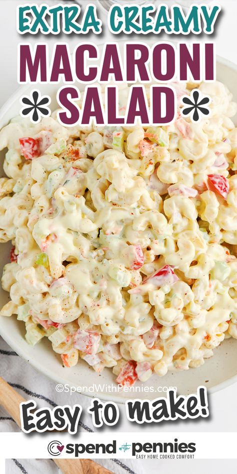 We love making a big bowl of macaroni salad ahead of time for a backyard party or potluck! Hosting a barbecue? Macaroni salad is budget friendly and totally versatile. Add in extra veggies to stretch this dish even further, or enjoy it as-is. #macaronisalad #pastasalad #recipe #spendwithpennies Cold Pasta Recipes Easy Macaroni Salads, Pasta Side Dishes For Bbq, Macaroni Salad Dressing Mayonnaise, Homemade Macaroni Salad, Creamy Macaroni Salad, Easy Macaroni Salad, Classic Macaroni Salad, Cold Salads, Holiday Salads