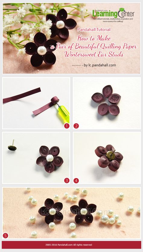 Pandahall Tutorial - How to Make a Pair of Beautiful Quilling Paper Wintersweet Ear Studs #tutorial #earstuds #pandahall Quilling Studs Earrings, Quilling Accessories, Quilling Studs, Diy Jewelry Videos, Quilling Design, Xmas Jewelry, Paper Quilling Earrings, Princess Crafts, Quilled Earrings