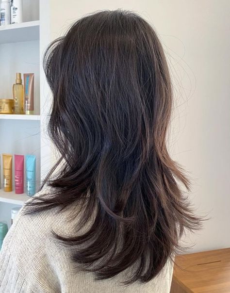 Hushcut Haircut Long Hair, Layered Haircuts For Shoulder Length Hair, Lot Of Layers Haircut Medium, Medium Hair With Lots Of Layers, Hush Cut Thick Hair, 3 Layer Haircut, Choppy Layers With Bangs, Choppy Long Hair, Chest Length Hair With Layers