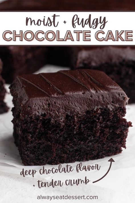 You're not going to believe how perfectly moist and intensely chocolatey this cake is! This easy one-bowl, do-it-all recipe can be used to bake a sheet cake, layer cake, or cupcakes from scratch, so it's perfect for any occasion. If you need a chocolate cake recipe for a birthday celebration, graduation party, bridal or baby shower, or just because... this moist and fudgy chocolate cake is it! Firm Chocolate Cake Recipe, Homemade Chocolate Cake 9x13, Moist Cake Recipe Chocolate, Easy Chocolate Snack Cake, Chocolate Cake Sheet Recipe, Most Cake Recipe, 8x8 Chocolate Cake, Chocolate Yoghurt Cake, Easy Yummy Chocolate Cake